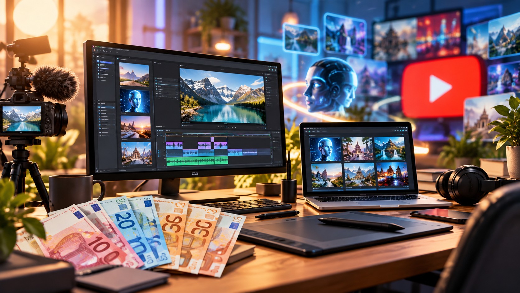 Poste de montage vidéo affichant une chronologie de production IA, à côté d'un graphique de revenus YouTube et d'icônes représentant les revenus publicitaires, l'affiliation, les partenariats et le travail pour des clients.